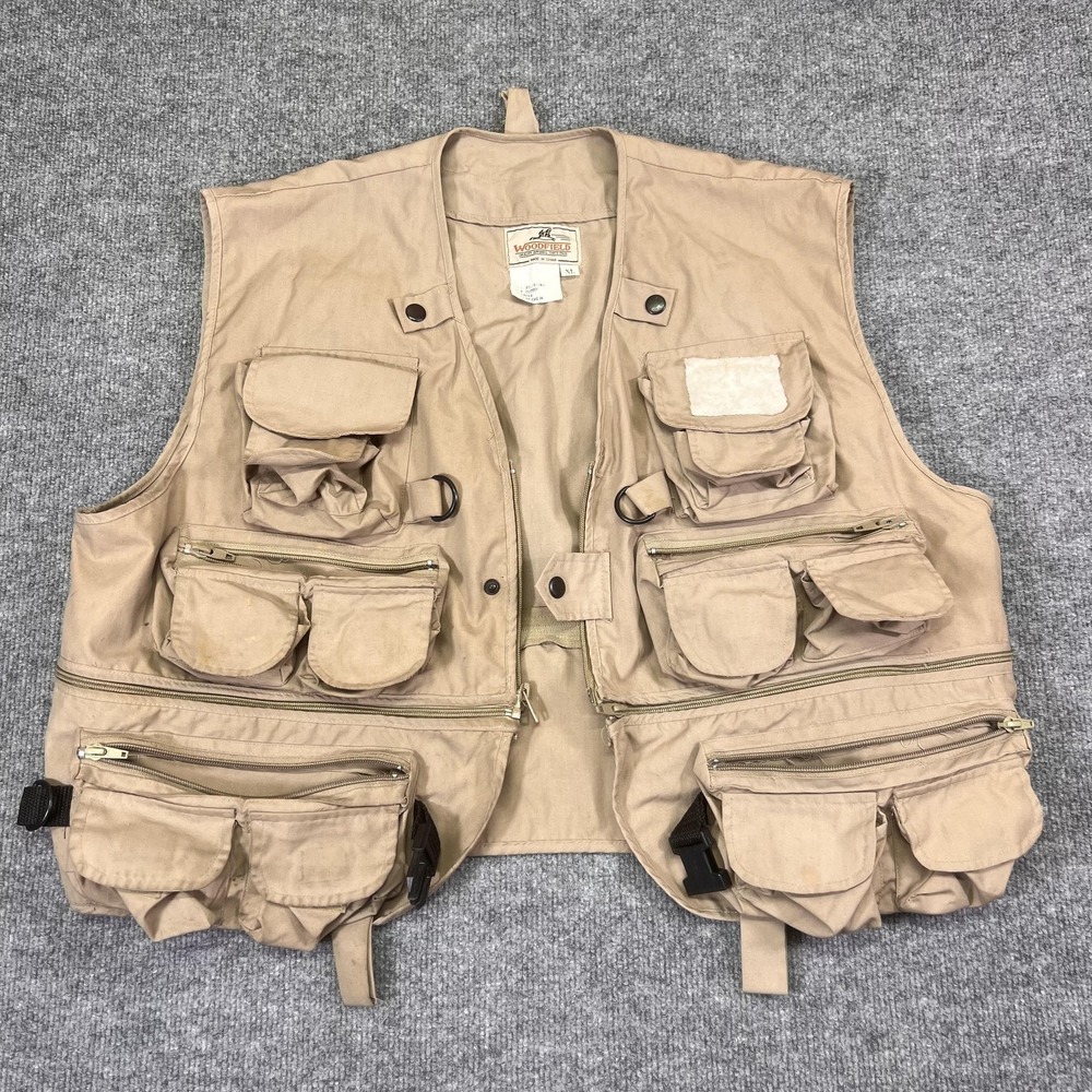 Woodfield Vest Mens XL Beige Canvas Multi-Pocket Utility Adjustable Zip Pockets